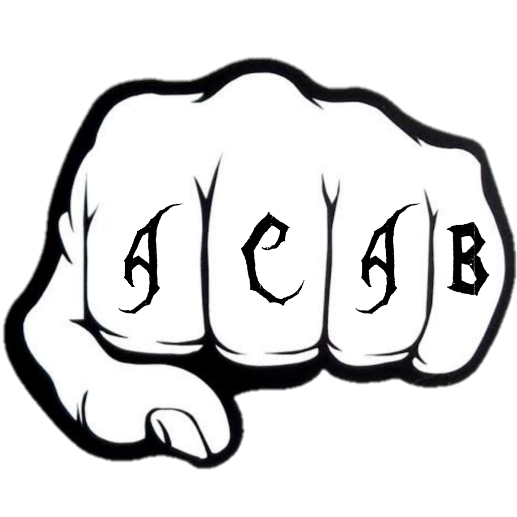 a black and white line art drawing of a fist with ACAB knuckle tats